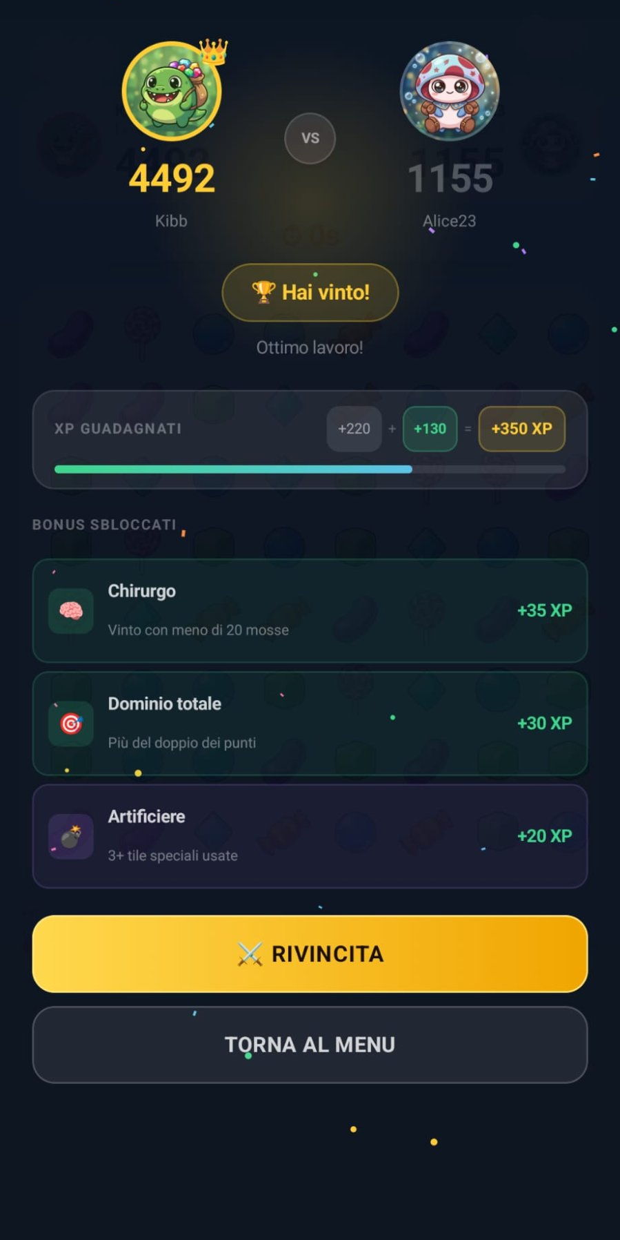 Schermata risultati — Hai vinto!